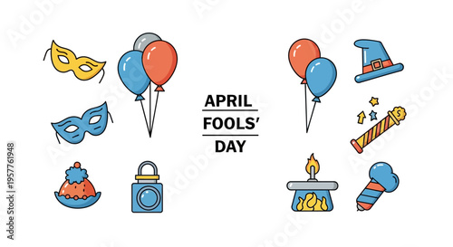 Colorful April Fools' Day concept illustration featuring a set of cartoon characters and decorations with a joyful and playful mood