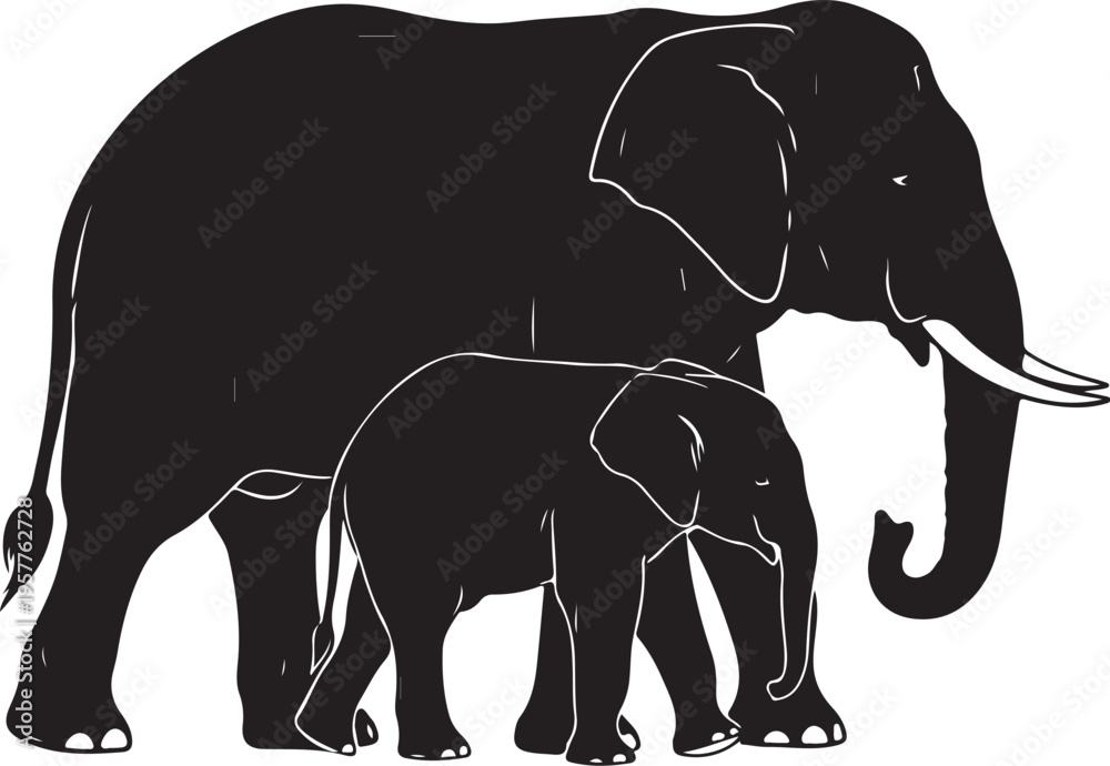 Fototapeta premium Black Silhouette of Mother and Baby Elephant Standing Together