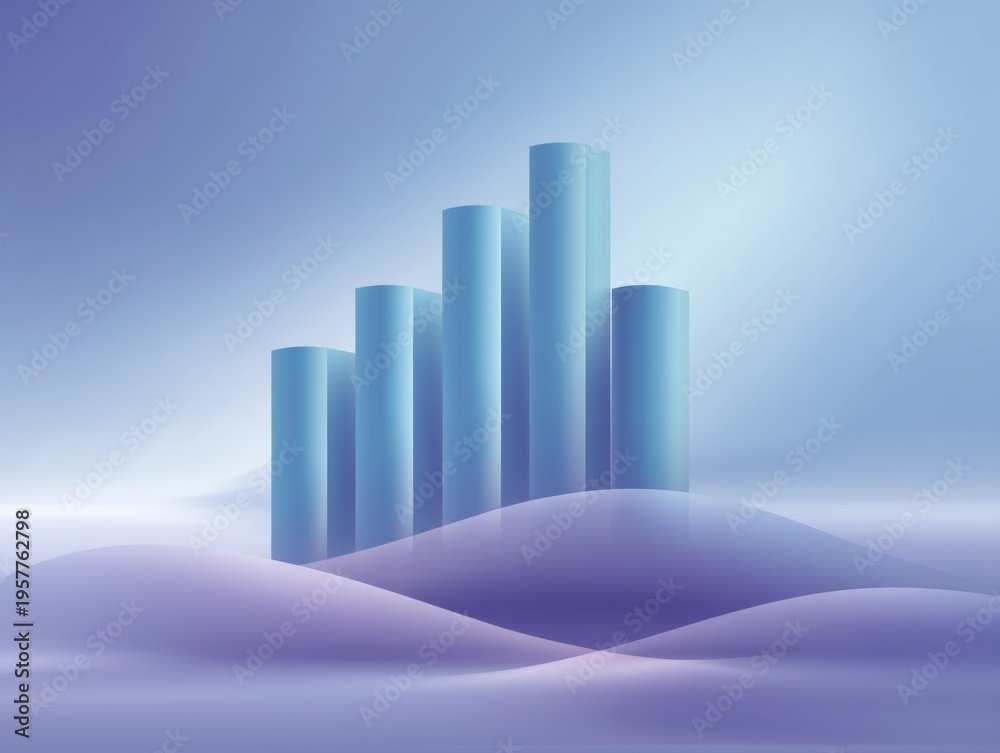 Fototapeta premium Abstract Financial Growth Concept with Futuristic Cylinders Rising Above Soft Purple Waves in a Dreamy Environment