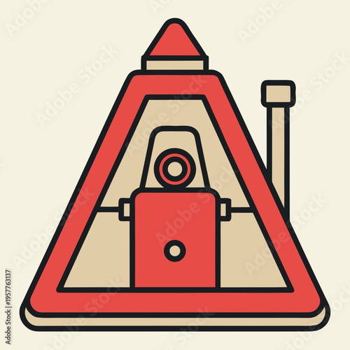 Red triangle caution sign depicting a robot trapped within industrial machinery, symbolizing an entrapment hazard.