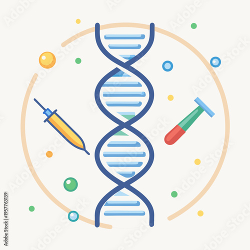 Scientific illustration of DNA double helix with syringe and test tube representing genetic research and medical advancements