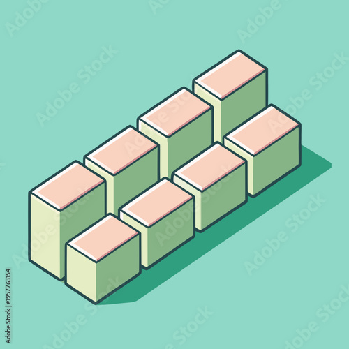 Soft-edged isometric blocks arranged rhythmically with gentle lighting on a pastel background.