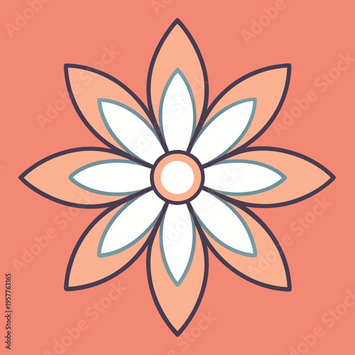 Stylized geometric flower with layered petals in soft peach and white tones on a coral background.