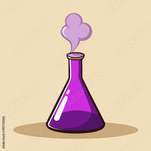 Vibrant purple conical flask filled with glowing purple mist and liquid, representing a captivating science experiment.