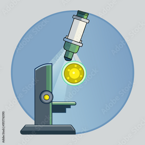 A cartoon microscope magnifying a glowing yellow cell, symbolizing scientific exploration and discovery