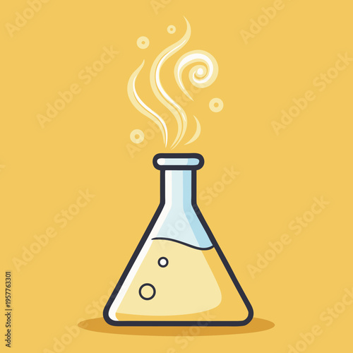 Cartoon science flask with yellow liquid and swirling smoke rising isolated on a warm orange background