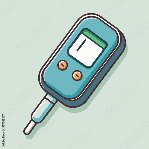 Close-up illustration of a blue and white digital pH meter device with two orange buttons and a display on a light green background
