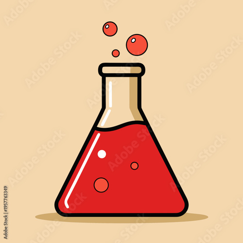 Erlenmeyer flask with bubbling red liquid and rising vapor