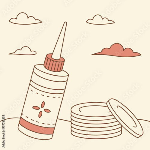 Hand-drawn illustration of a glue bottle and stack of plates with clouds in the background