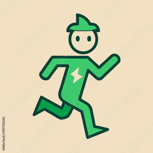 Green running figure with lightning bolt symbol and arrow indicating speed and energy, isolated on beige background