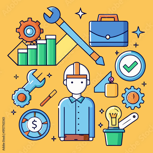 Illustration of business and career tools including worker, growth chart, and gear