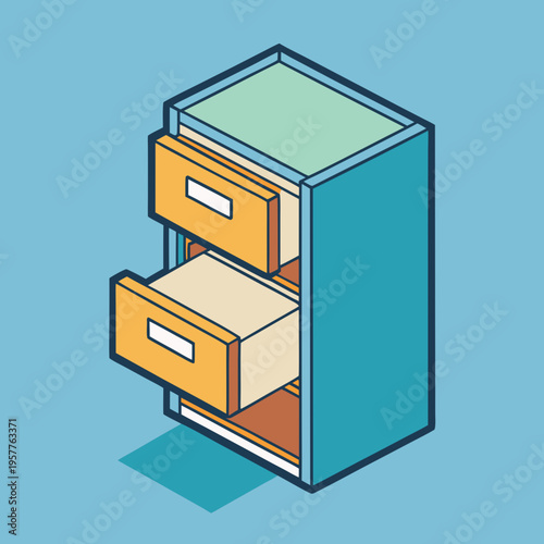 Isometric minimalist filing cabinet with an open drawer, vector illustration for organization