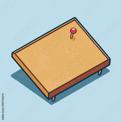 Minimalist isometric corkboard with a single red pushpin isolated vector illustration