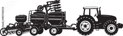 Tractor with agricultural equipment on a white background illustration