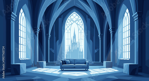A Gothic Hall with a Sofa Stunning Vector Illustration of a Mystical Castle Interior