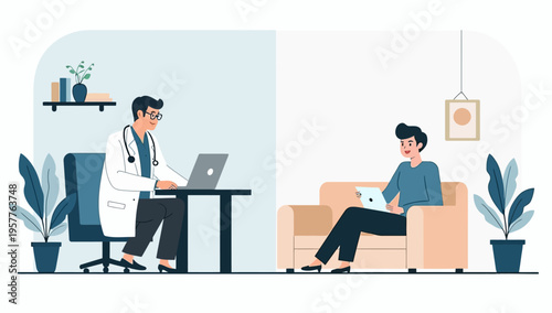 Professional Telemedicine Concept Illustration Featuring a Doctor Using a Laptop and a Patient on a Sofa Using a Tablet for Virtual Healthcare Consultation