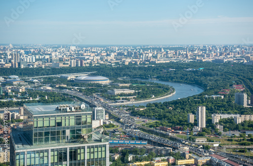 Aerial view over Moscow, Russia. View of the Khamovniki and Ramenki districts and Moscow River