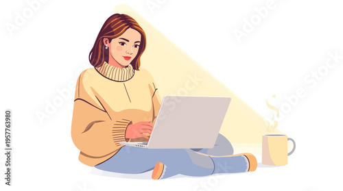 A modern flat vector illustration of a young woman sitting comfortably on the floor while working on her laptop with a steaming cup of coffee