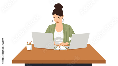 A modern flat vector illustration of a professional young woman working efficiently with two laptops and a notebook at her desk