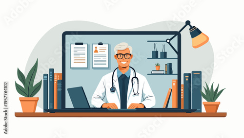 Professional male doctor providing online medical consultation via video call on a laptop screen in a modern office setting