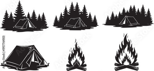 Camping icons with tents and campfires in the woods