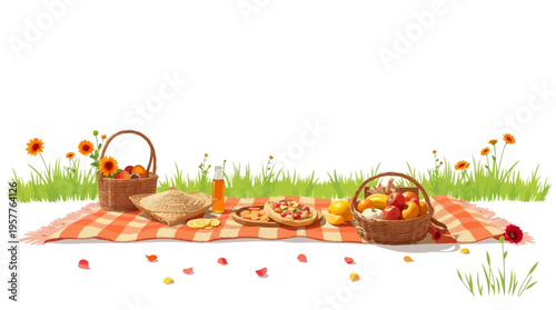 Stunning retro mid-century illustration of a summer picnic scene with checkered blanket, fruit baskets, and flowers on white background