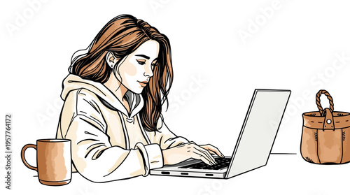 Sophisticated hand-drawn illustration of a young woman working on a laptop with a coffee mug and bag on a white background