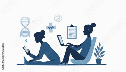 Sophisticated silhouette illustration of women using digital devices for healthcare research and medical data analysis with DNA icons