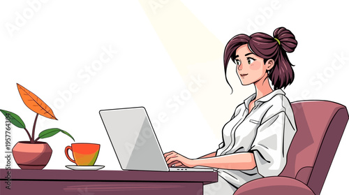 Vibrant toon style illustration of a young woman with purple hair working on a laptop at her desk with coffee and a plant