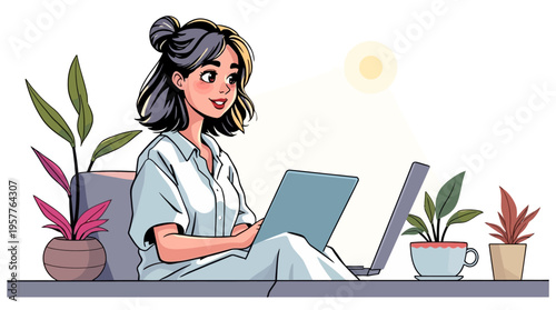 A vibrant toon-style illustration of a young woman working on her laptop in a cozy home office surrounded by plants.