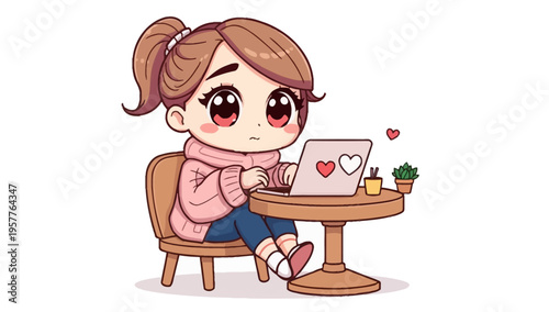 Cute chibi girl character sitting at a desk working on a laptop with heart decorations on a white background
