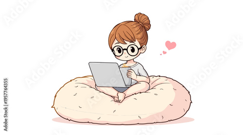 Cute chibi girl with glasses and bun hair sitting on a soft bean bag chair using a laptop computer illustration