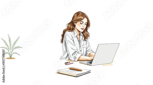 Artistic hand drawn illustration of a beautiful young woman working on a laptop with notebook and pen on white background