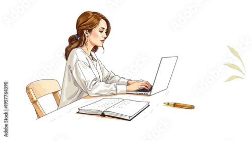 Artistic hand-drawn illustration of a young woman working on a laptop at her desk with an open notebook and pen on white background