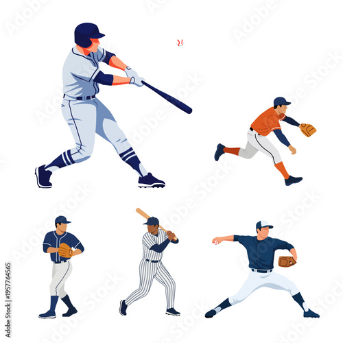 Vector illustration set of diverse baseball players in various dynamic poses: batting, pitching, and fielding. Ideal for sports graphics.