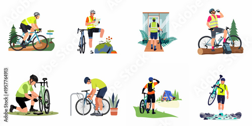 Set of Illustrations Featuring Male Cyclists in Various Outdoor Activities, Maintenance, Navigation, and Travel Scenes for Active Lifestyle and Adventure Concepts.