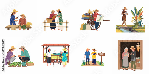 Set of flat vector illustrations depicting traditional Asian farmers and modern agricultural experts collaborating in rural farm settings for sustainable farming practices.