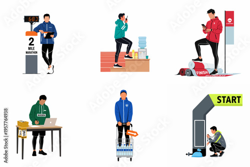 Diverse illustration set of marathon event staff and volunteers managing registration, water supply, finish line setup, and race timing logistics.