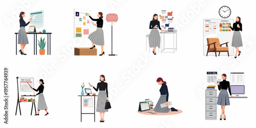Set of illustrations showing a professional woman managing her schedule, tasks, and deadlines using various planners and calendars in an office environment.
