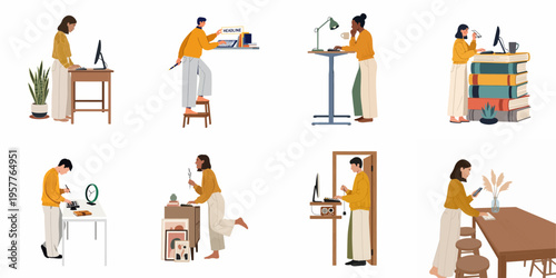 Flat illustration collection of diverse people working at various standing desks in home office settings, focusing on ergonomics, productivity, and remote work.