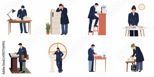 Collection of office employees in formal attire performing administrative tasks, managing payroll, and organizing paperwork in a minimalist illustration style.