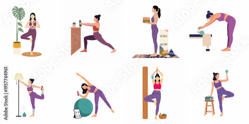 Set of vector illustrations showing a woman practicing various yoga poses, stretching, and mindfulness exercises for a healthy lifestyle and wellness retreat.