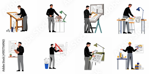 Professional Architect and Engineer Working on Building Designs, Blueprints, and House Models in Various Studio Scenes