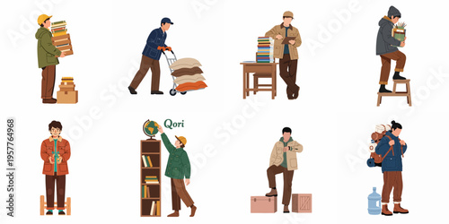 Flat vector illustrations of a young man engaged in diverse activities such as moving boxes, studying, traveling, and working.