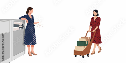 Vector illustration of two businesswomen in polka-dot dresses working in an office setting, with one pushing a cart of boxes and another leaning against storage.