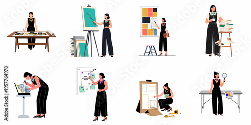 Set of eight flat illustrations featuring a female creative professional engaged in various design, editing, and planning tasks in an office environment.