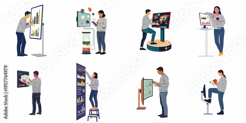 Set of diverse professionals interacting with advanced data visualization tools, digital dashboards, and analytical displays in a clean flat illustration style.