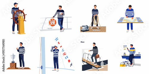 Nautical themed collection of a male sailor character in various poses including navigating, steering a ship, and celebrating a yachting victory.