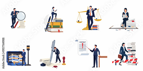 Flat vector illustration set of legal professionals and lawyers engaged in various legal activities with oversized law themed icons and documents.