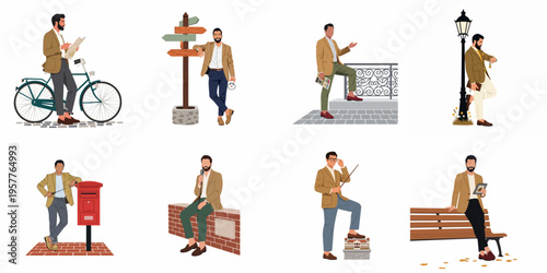 Collection of flat vector illustrations depicting a stylish man in various urban settings, engaged in diverse activities like travel, leisure, and professional work.
